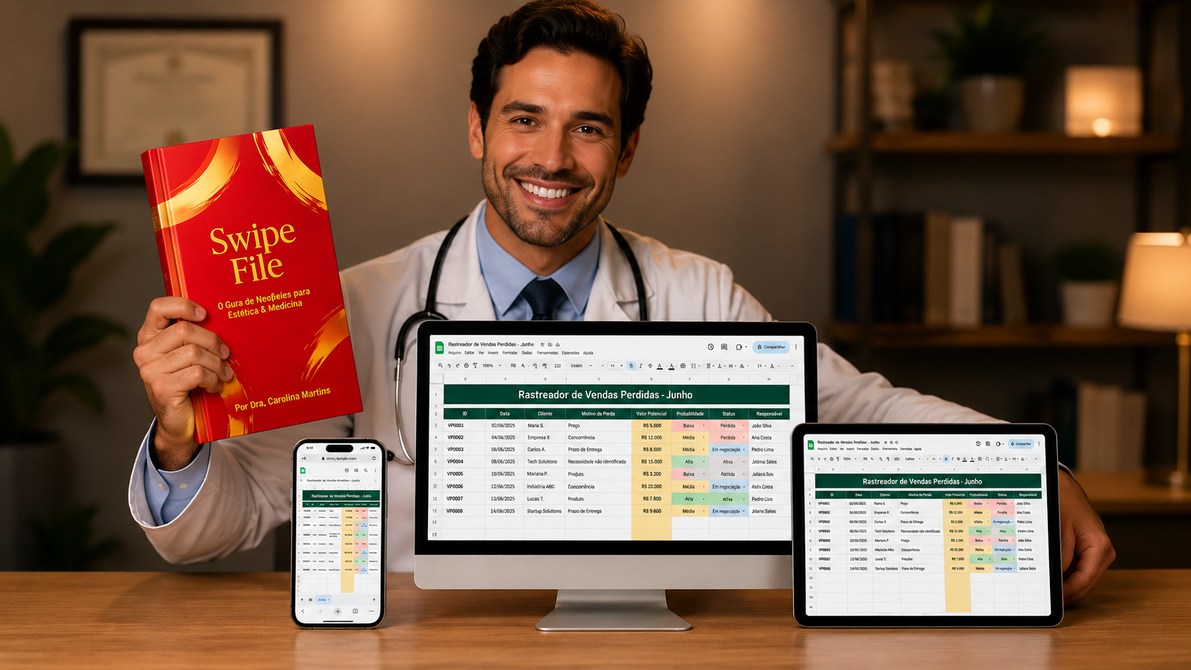Médico apresentando a planilha em desktop, tablet e celular
